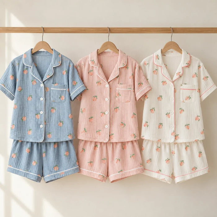 The Cherish Company — Peach Print Short-Sleeve Muslin Pajamas in Blue, Pink, White