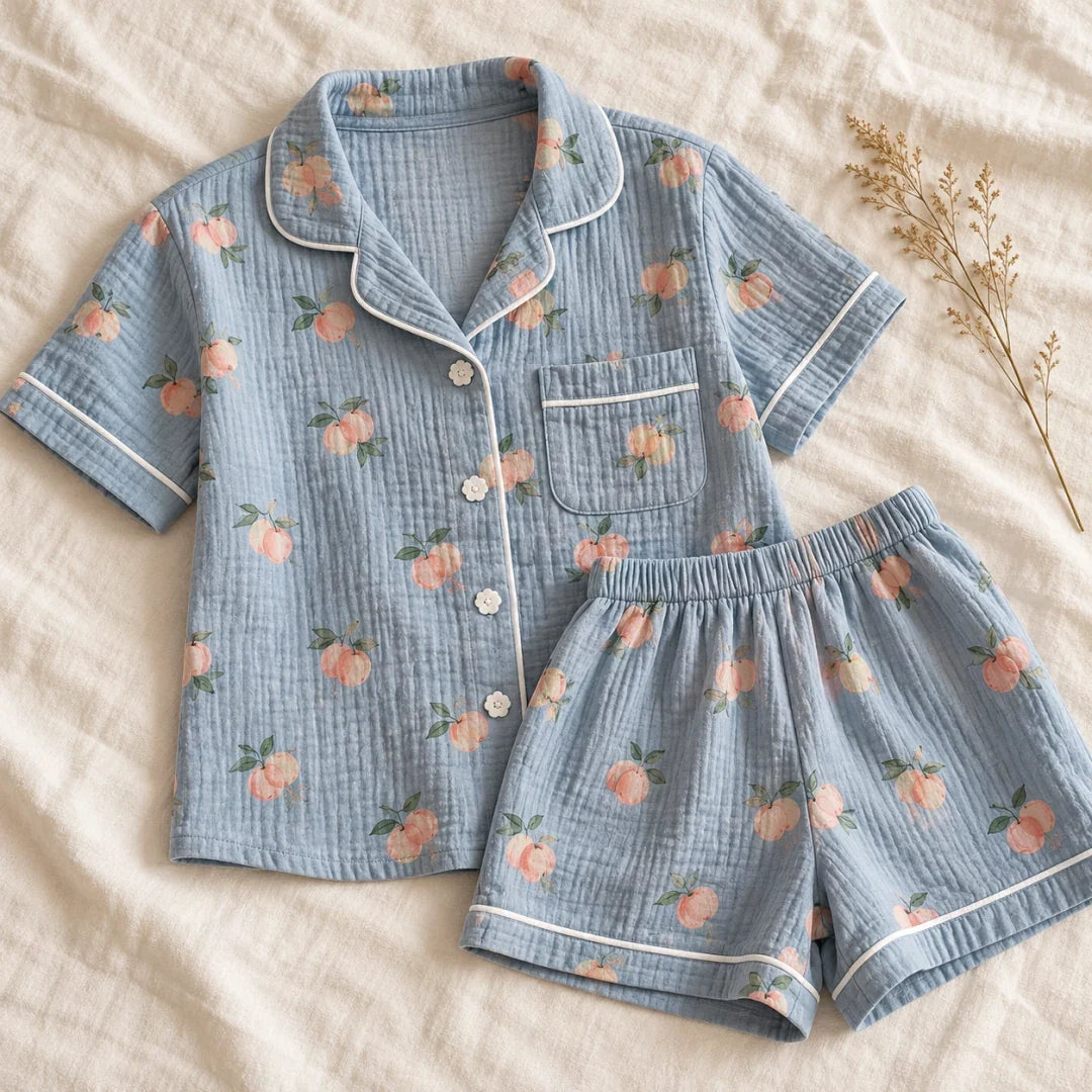 The Cherish Company — Peach Print Short-Sleeve Muslin Pajamas in Blue