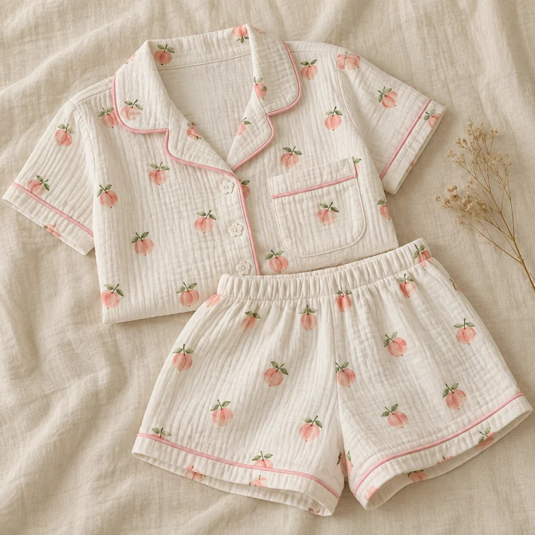 The Cherish Company — Peach Print Short-Sleeve Muslin Pajamas in White