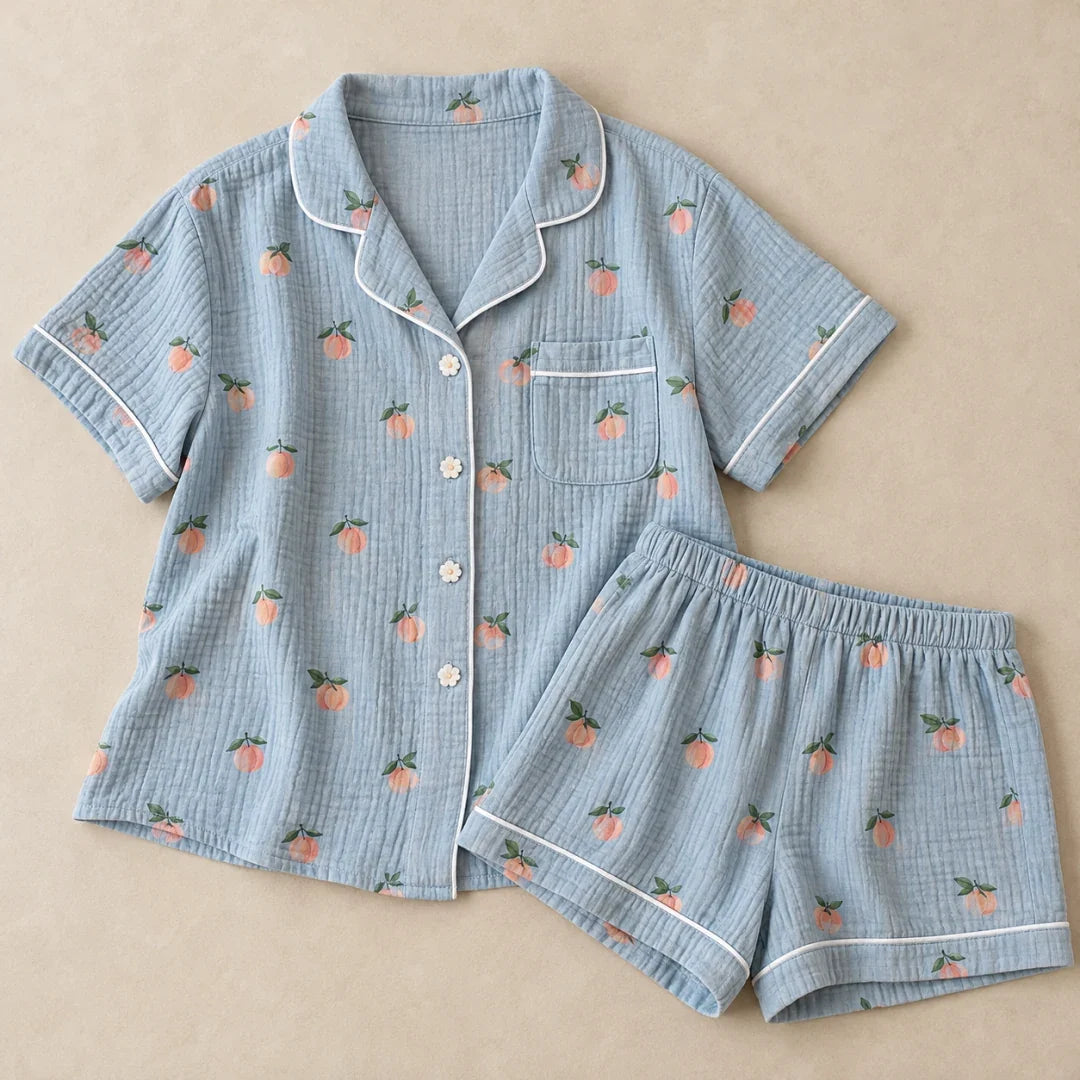 The Cherish Company — Peach Print Short-Sleeve Muslin Pajamas in Blue