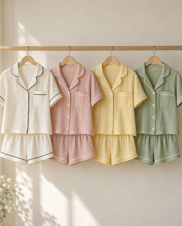 The Cherish Company — Collared Muslin Shorts Pajama Set in White, Pink, Yellow, Light Green
