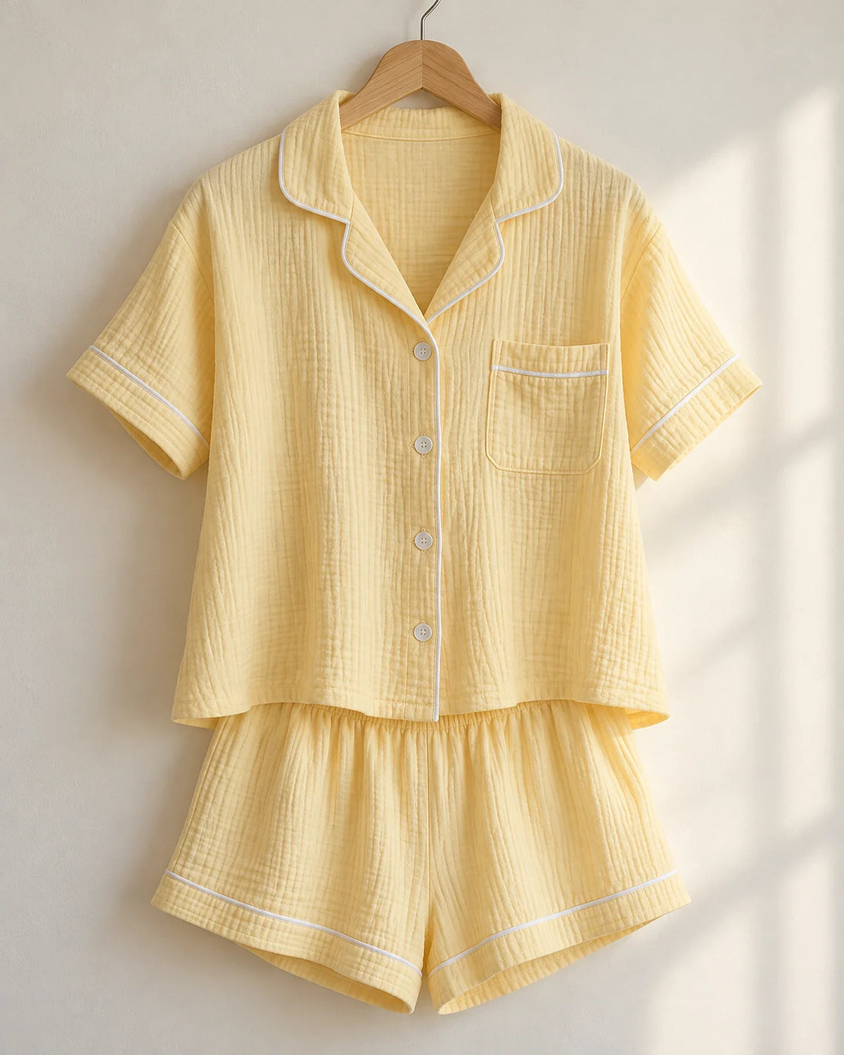 The Cherish Company — Collared Muslin Shorts Pajama Set in Yellow