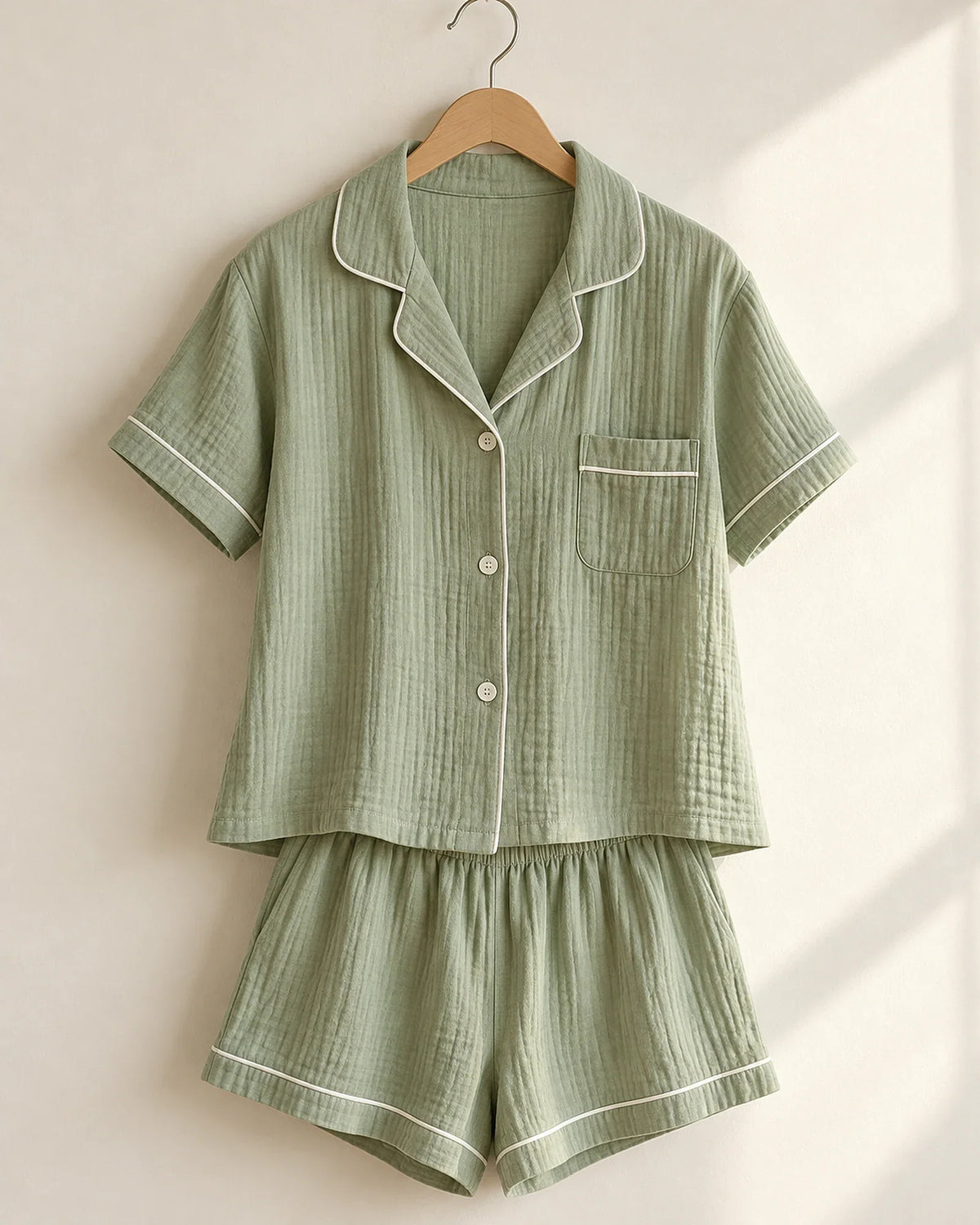 The Cherish Company — Collared Muslin Shorts Pajama Set in Light Green