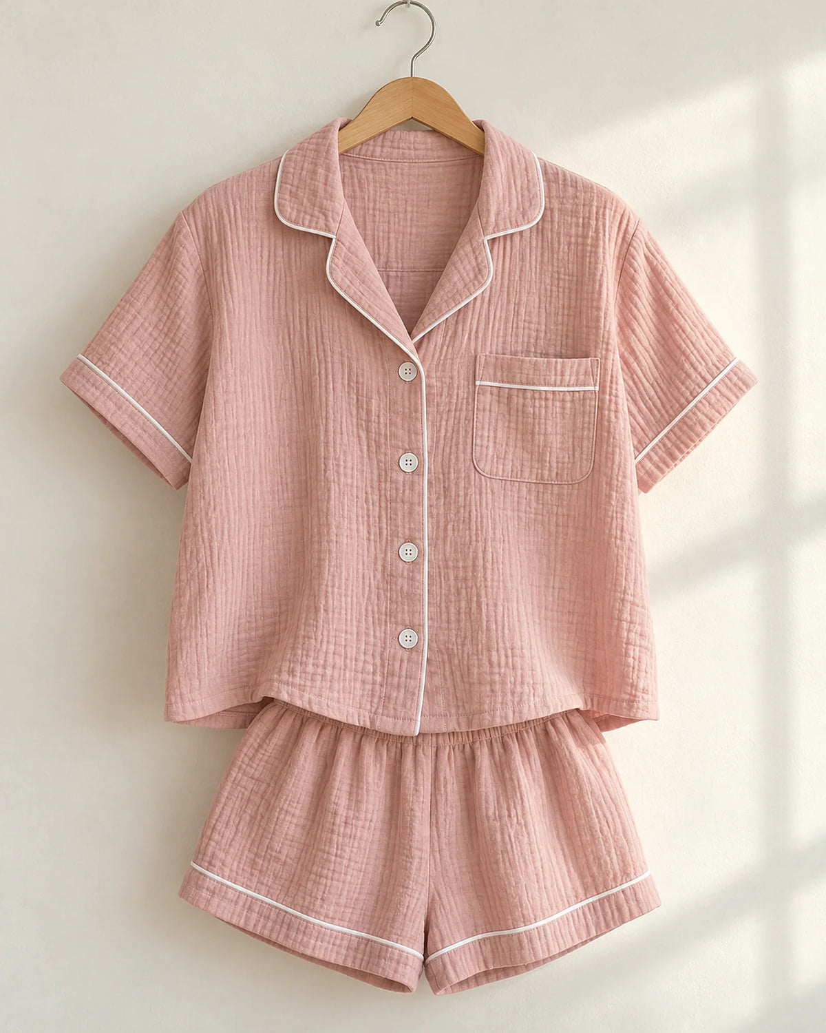 The Cherish Company — Collared Muslin Shorts Pajama Set in Pink