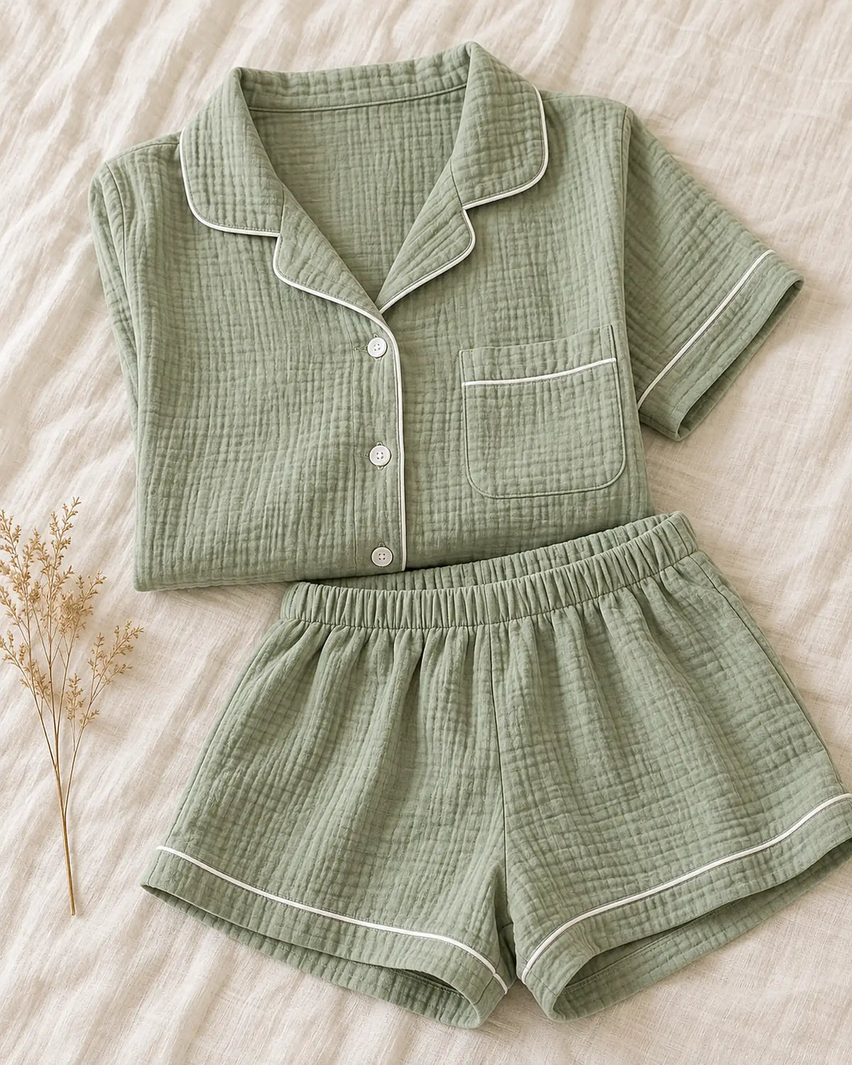 The Cherish Company — Collared Muslin Shorts Pajama Set in Light Green