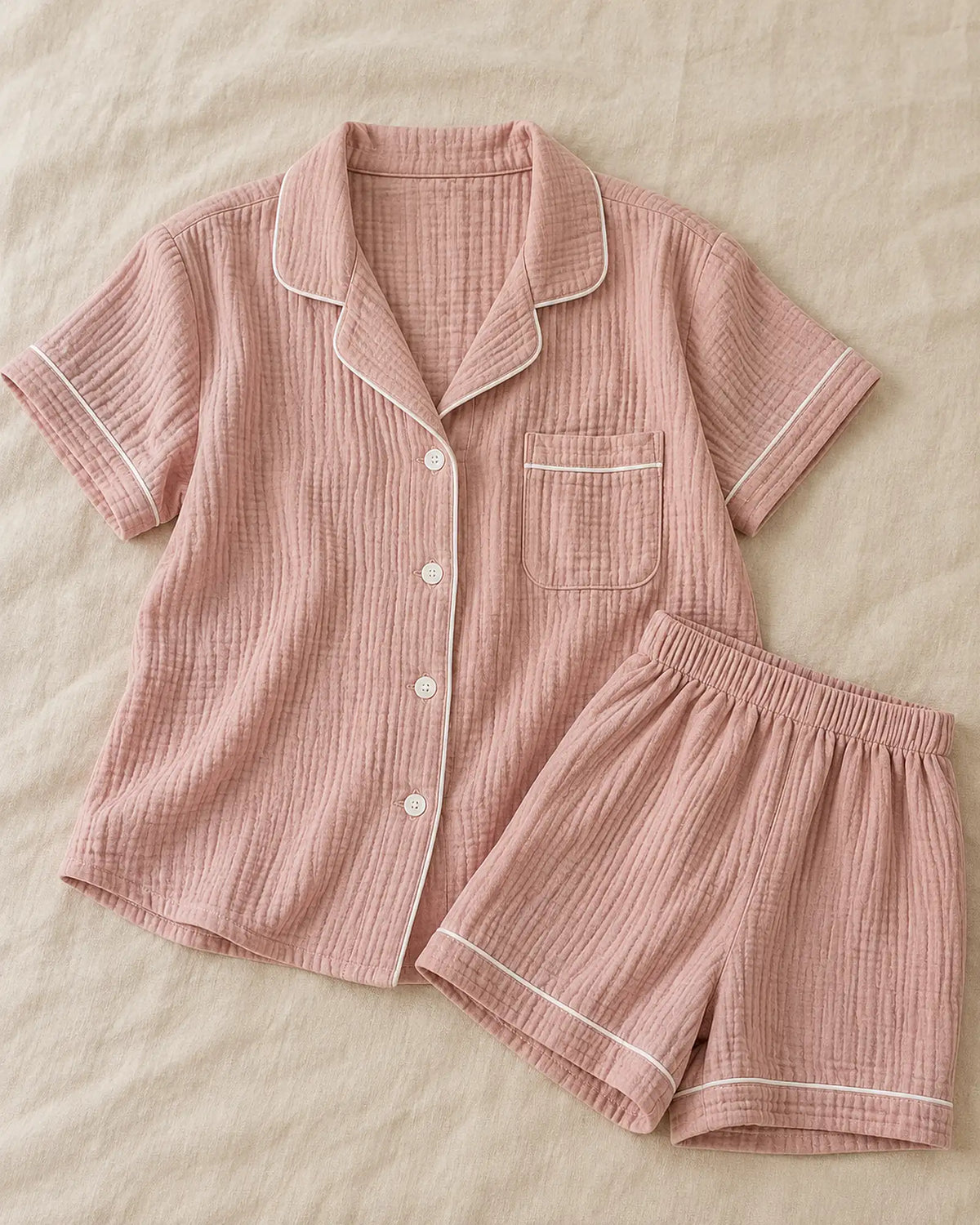 The Cherish Company — Collared Muslin Shorts Pajama Set in Pink