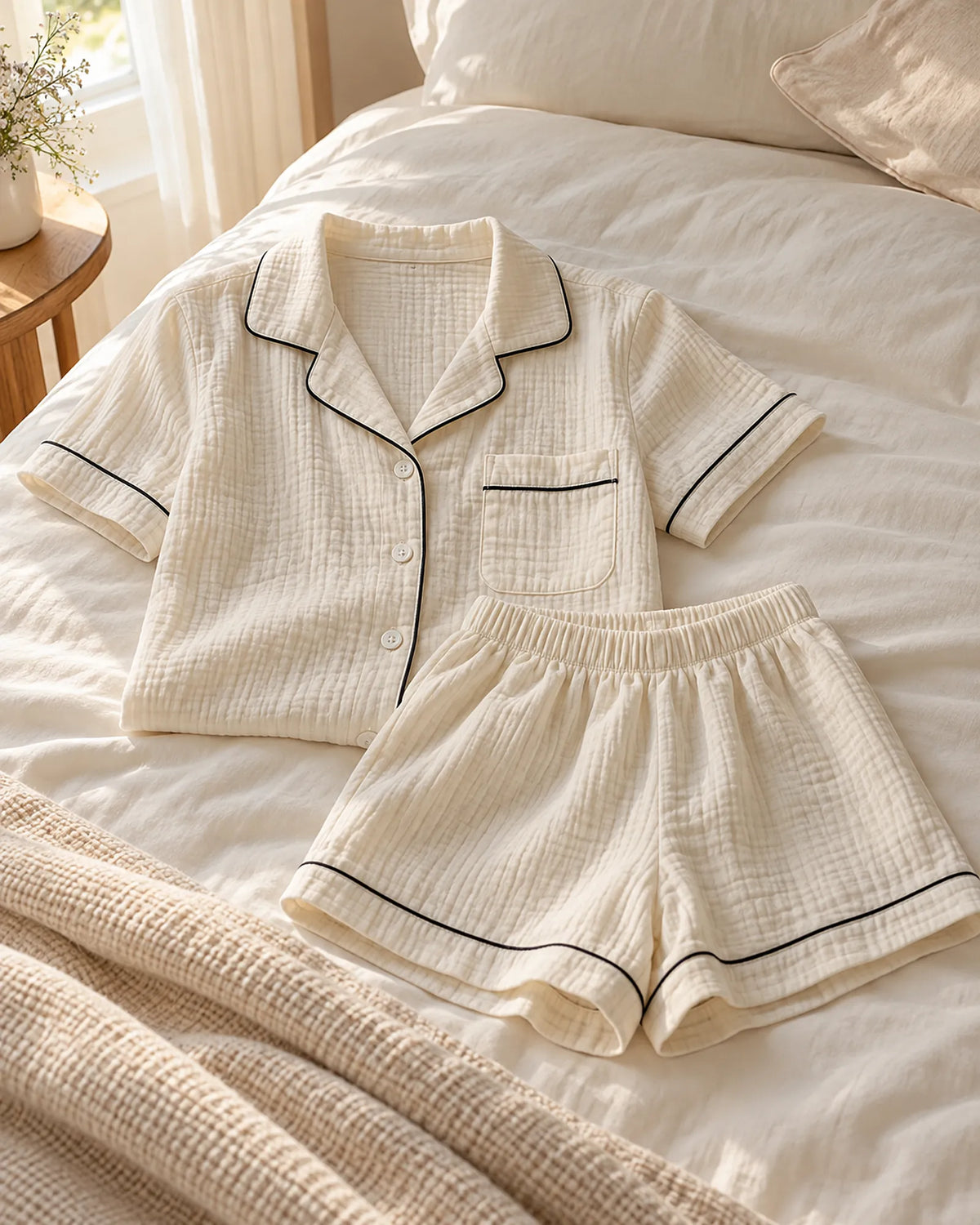 The Cherish Company — Collared Muslin Shorts Pajama Set in White