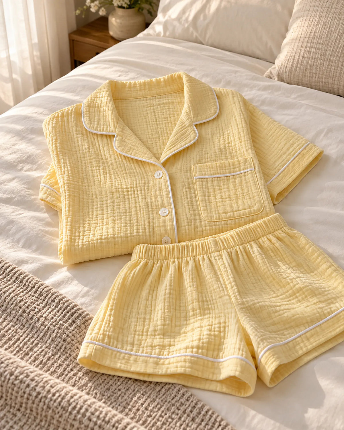 The Cherish Company — Collared Muslin Shorts Pajama Set in Yellow