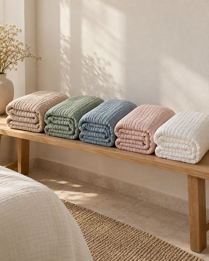 The Cherish Company — AltiCoddle™ Premium Extra-Thick Muslin Blanket in Dune, Green, Blue, Pink, White