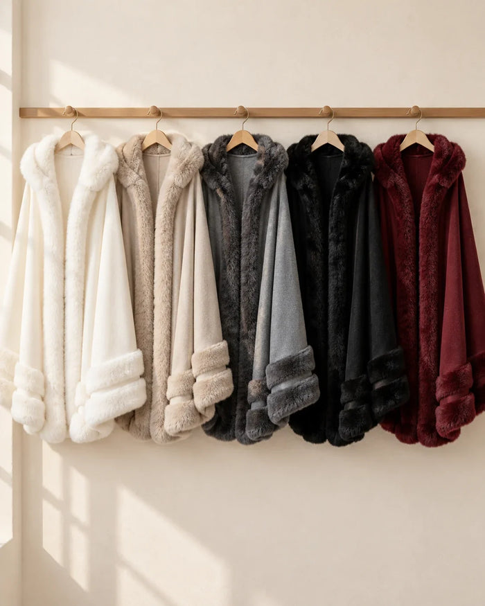 The Cherish Company — Hooded Fleece Wrap with Faux-Fur Trim in White, Beige, Grey, Black, Red