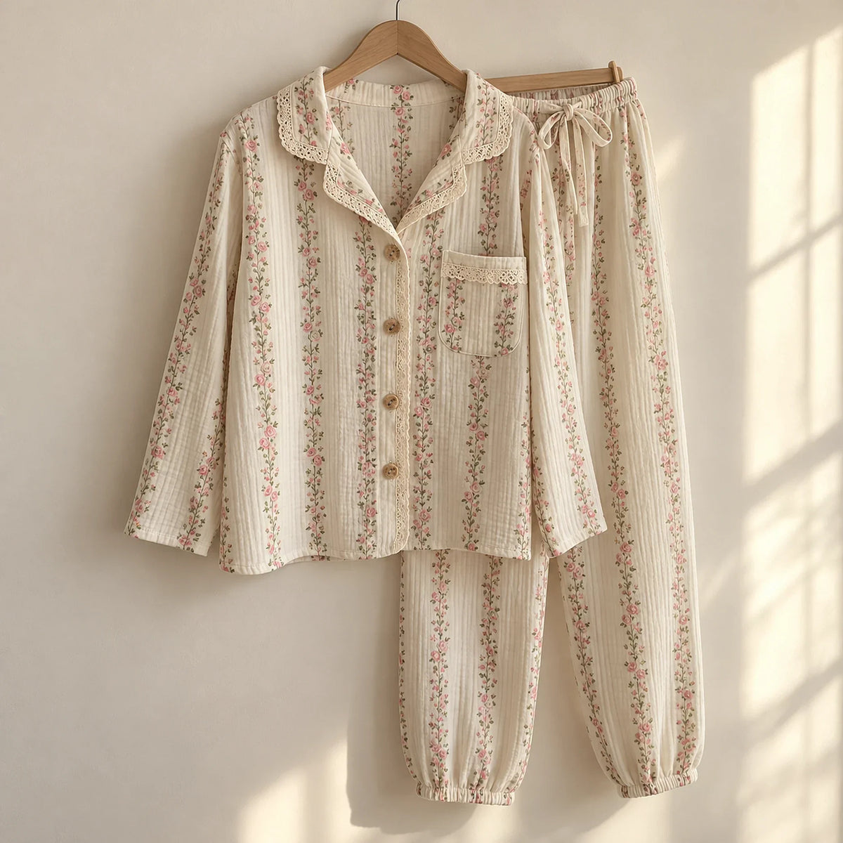 The Cherish Company — Lace-Edged Bow-Waist Muslin Pajamas in Blossom Lines