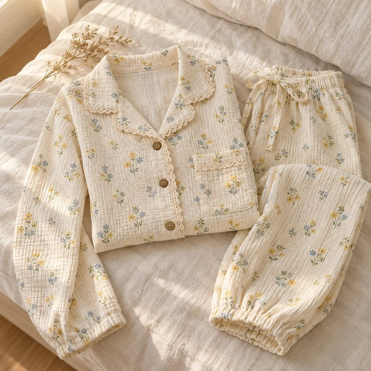 The Cherish Company — Lace-Edged Bow-Waist Muslin Pajamas in Wildflower Field