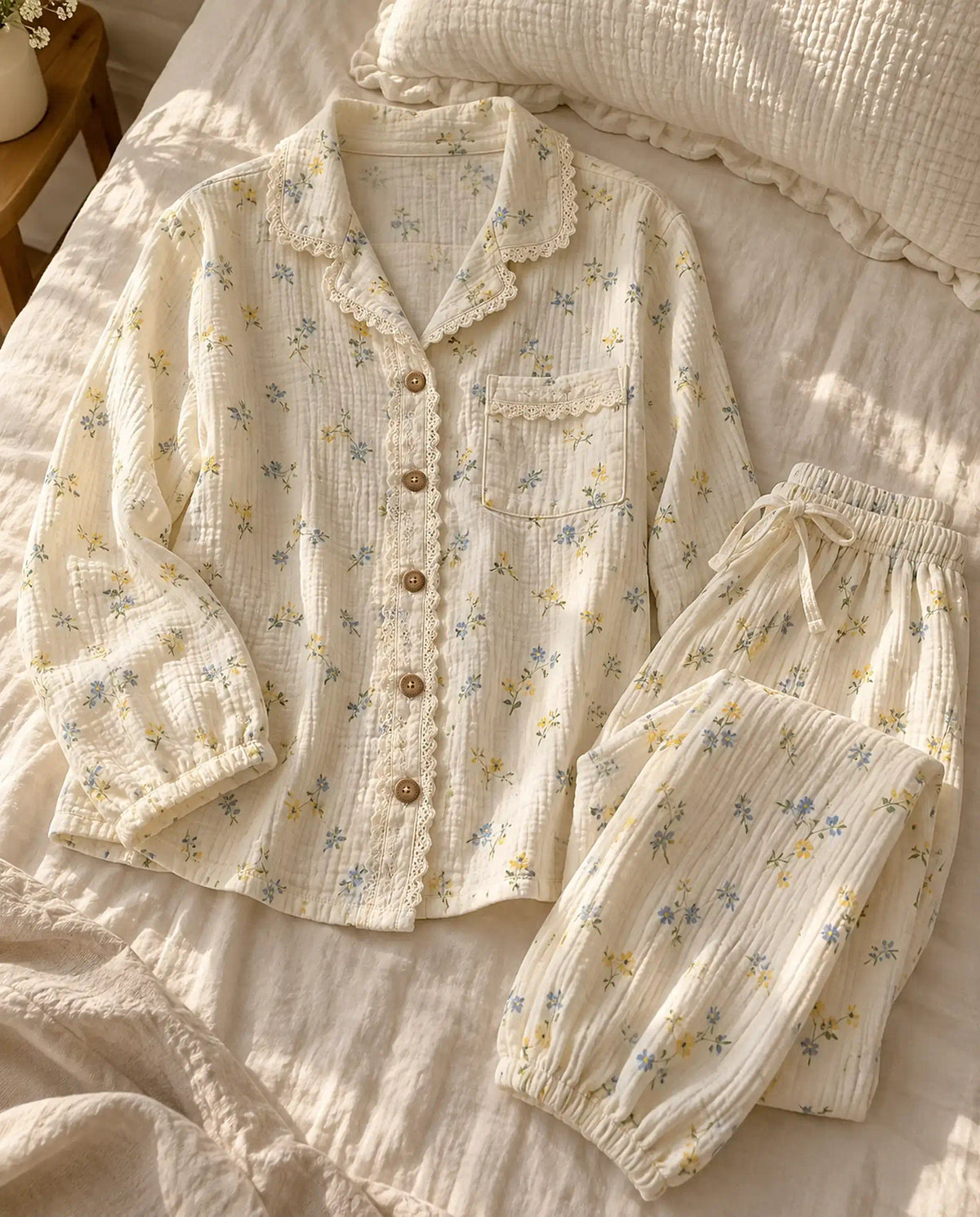The Cherish Company — Lace-Edged Bow-Waist Muslin Pajamas in Wildflower Field