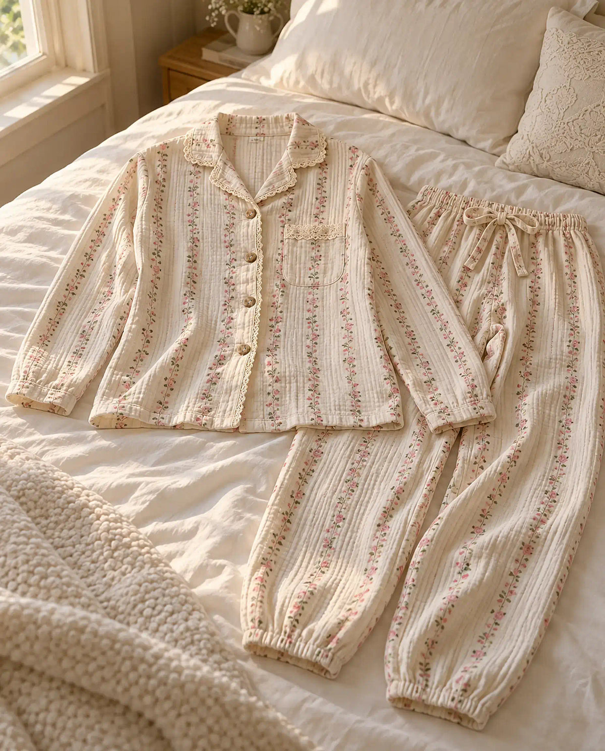 The Cherish Company — Lace-Edged Bow-Waist Muslin Pajamas in Blossom Lines