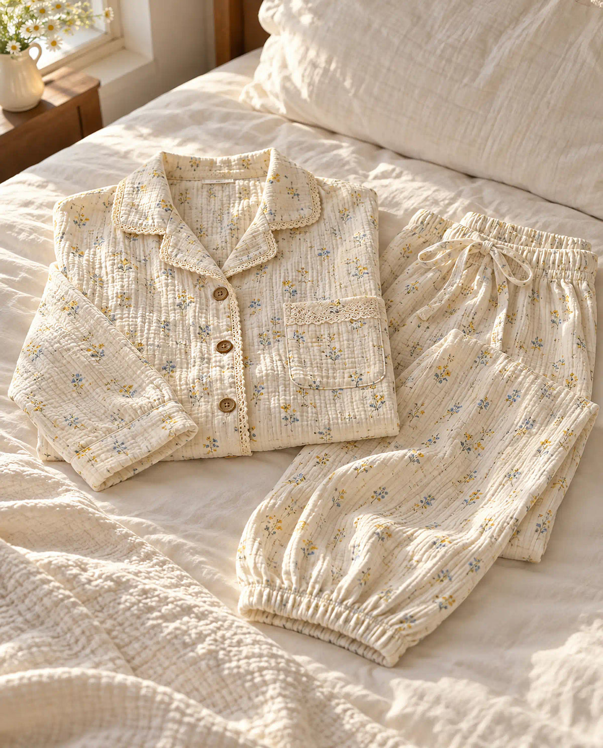 The Cherish Company — Lace-Edged Bow-Waist Muslin Pajamas in Wildflower Field