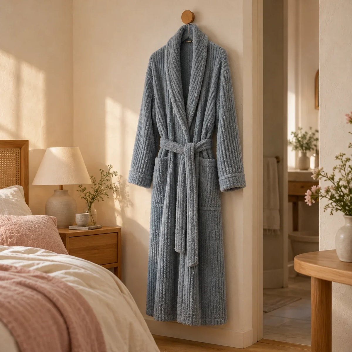 A dusty-blue ribbed robe with a tie belt, hanging on an oak peg.