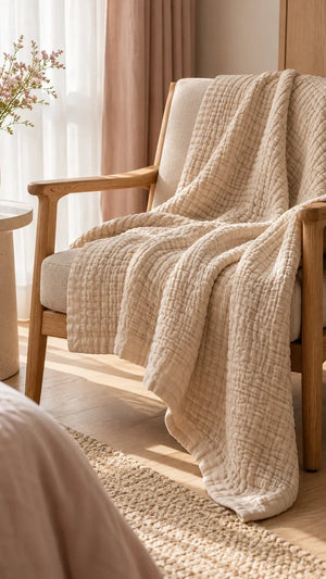 A dune six-layer muslin blanket draped over an oak chair.