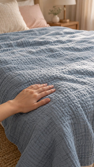 A hand resting on a dusty-blue six-layer muslin blanket.