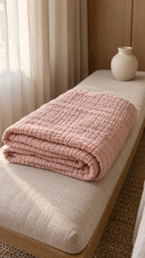 A folded dusty-pink six-layer muslin blanket on a bench.