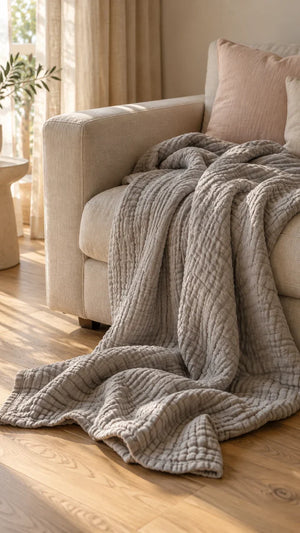 A grey six-layer muslin blanket pooling off a sofa.