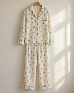 The Cherish Company — Four-Print Piped Muslin Pajamas in Blueberry