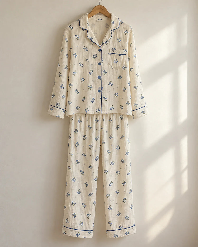 The Cherish Company — Four-Print Piped Muslin Pajamas in Blueberry