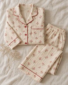 The Cherish Company — Four-Print Piped Muslin Pajamas in Red Flower