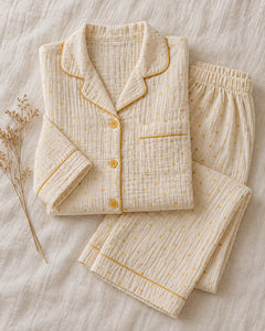 The Cherish Company — Four-Print Piped Muslin Pajamas in Yellow Dot