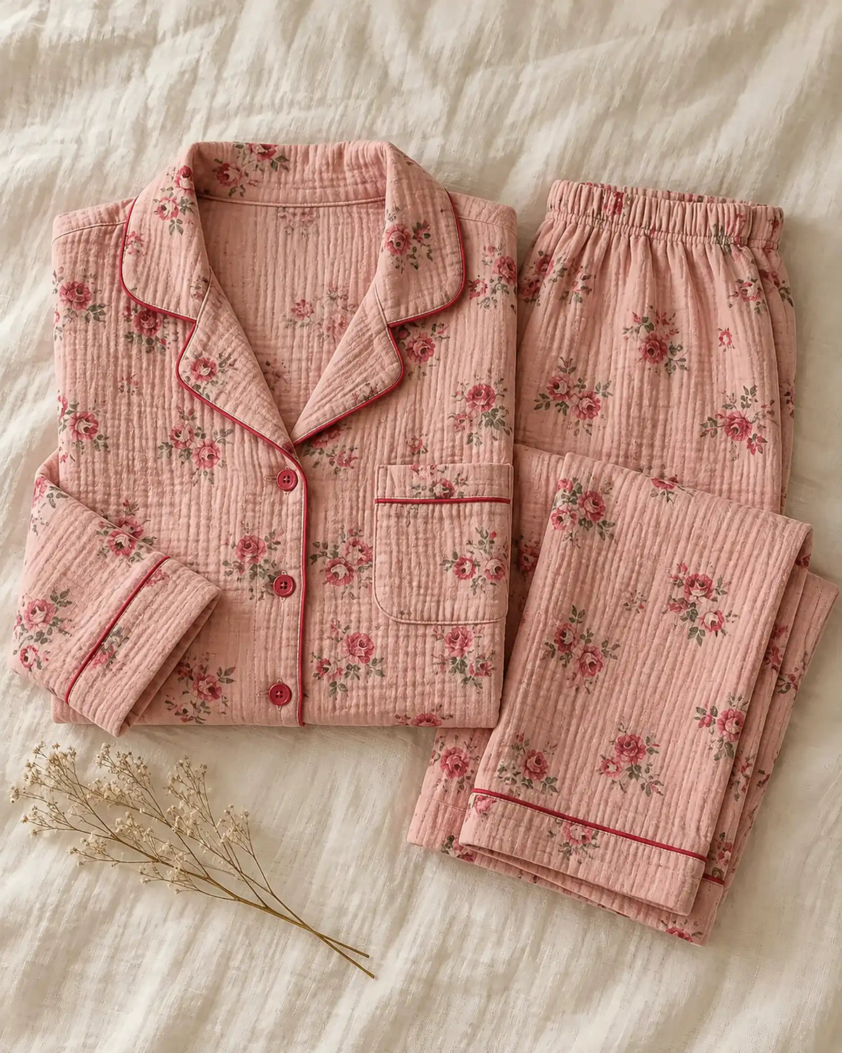 The Cherish Company — Four-Print Piped Muslin Pajamas in Pink Flora