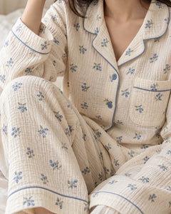 The Cherish Company — Four-Print Piped Muslin Pajamas in Blueberry