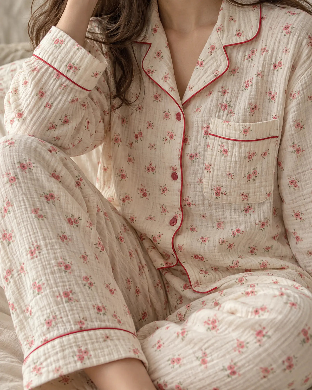 The Cherish Company — Four-Print Piped Muslin Pajamas in Red Flower
