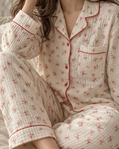 The Cherish Company — Four-Print Piped Muslin Pajamas in Red Flower