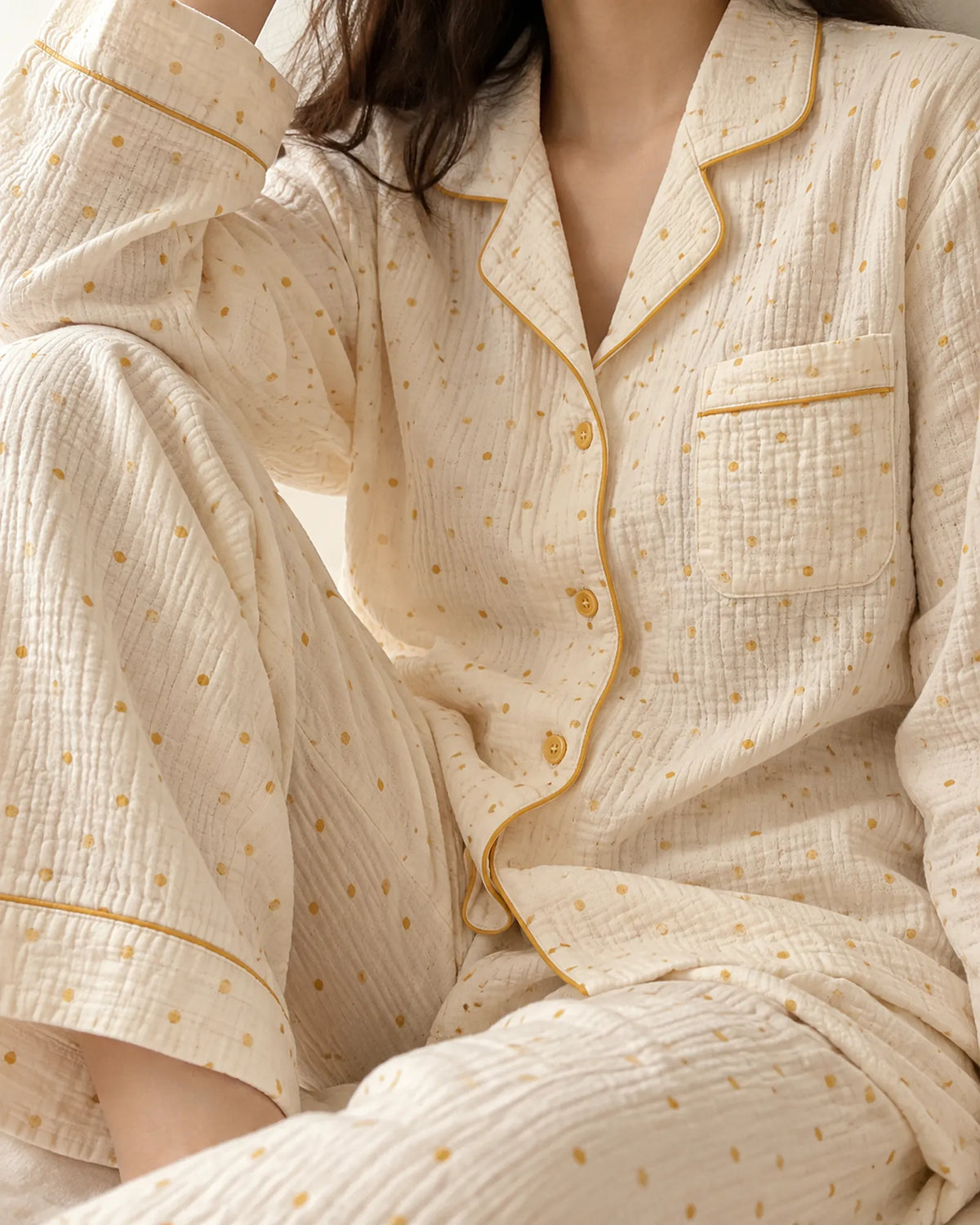 The Cherish Company — Four-Print Piped Muslin Pajamas in Yellow Dot