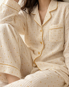 The Cherish Company — Four-Print Piped Muslin Pajamas in Yellow Dot