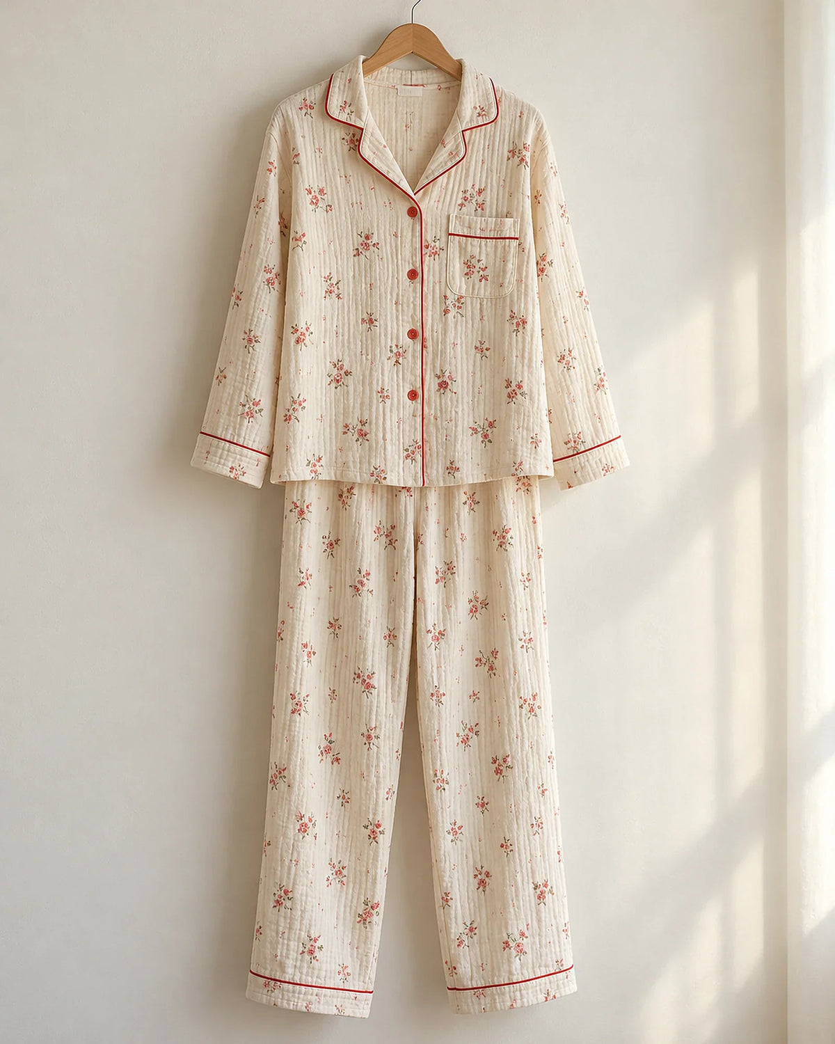 The Cherish Company — Four-Print Piped Muslin Pajamas in Red Flower