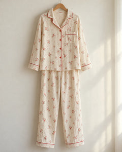 The Cherish Company — Four-Print Piped Muslin Pajamas in Red Flower