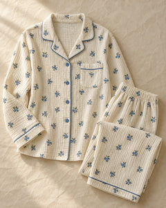 The Cherish Company — Four-Print Piped Muslin Pajamas in Blueberry
