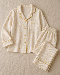 The Cherish Company — Four-Print Piped Muslin Pajamas in Yellow Dot