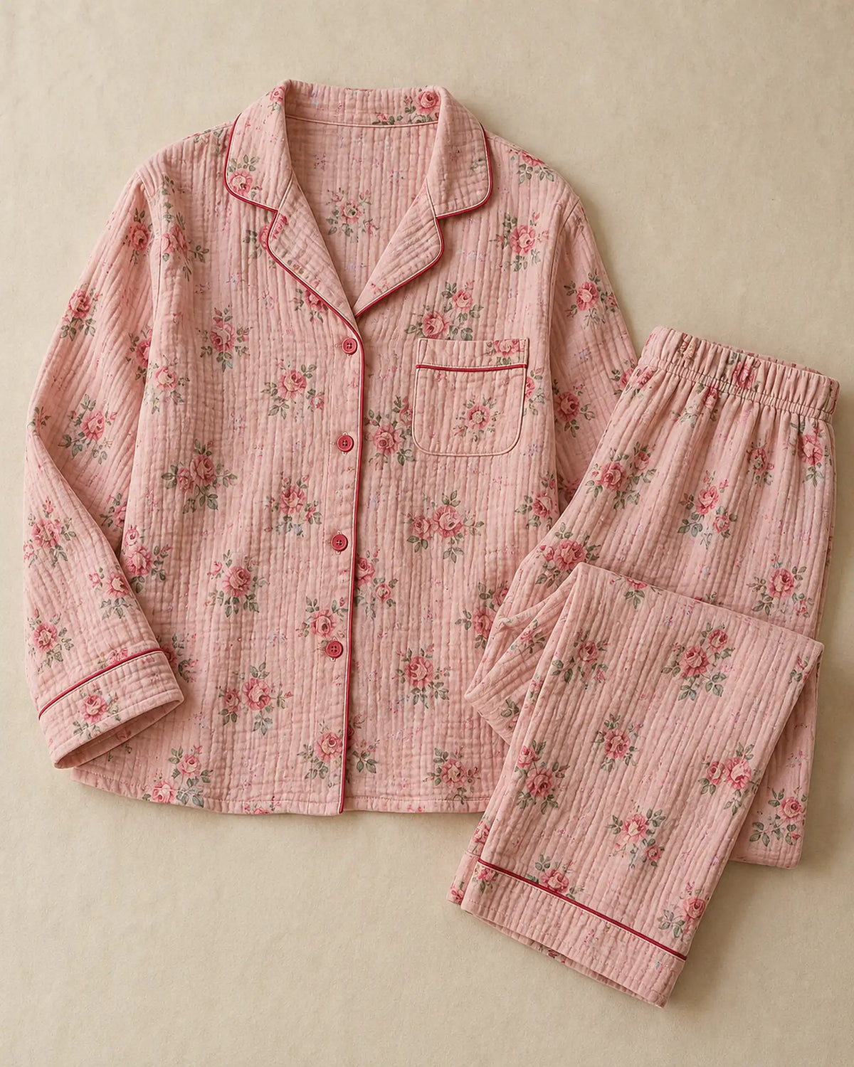 The Cherish Company — Four-Print Piped Muslin Pajamas in Pink Flora
