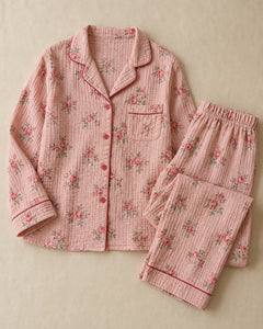 The Cherish Company — Four-Print Piped Muslin Pajamas in Pink Flora