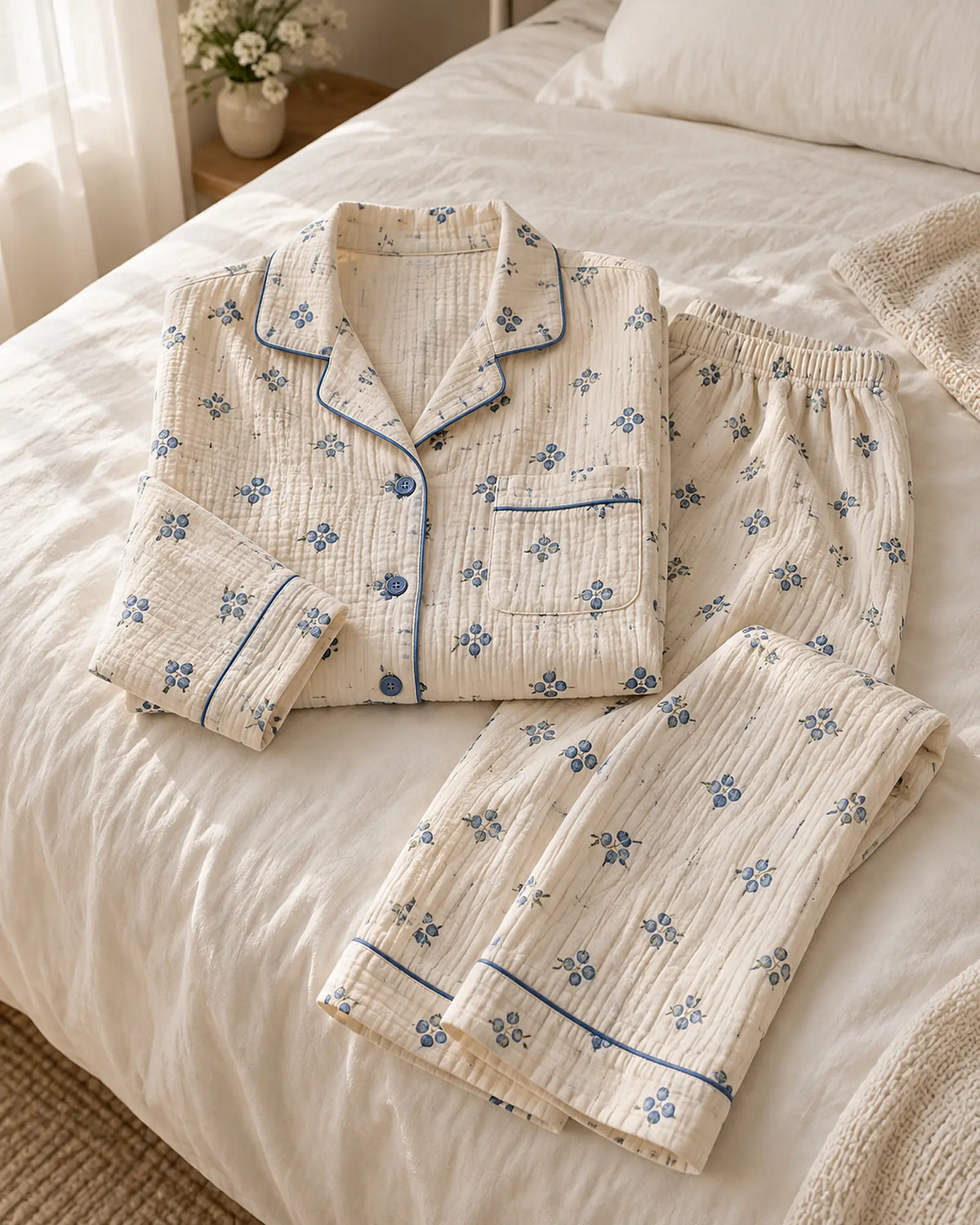 The Cherish Company — Four-Print Piped Muslin Pajamas in Blueberry