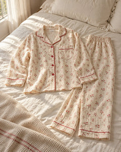 The Cherish Company — Four-Print Piped Muslin Pajamas in Red Flower