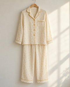 The Cherish Company — Four-Print Piped Muslin Pajamas in Yellow Dot
