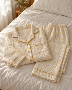 The Cherish Company — Four-Print Piped Muslin Pajamas in Yellow Dot