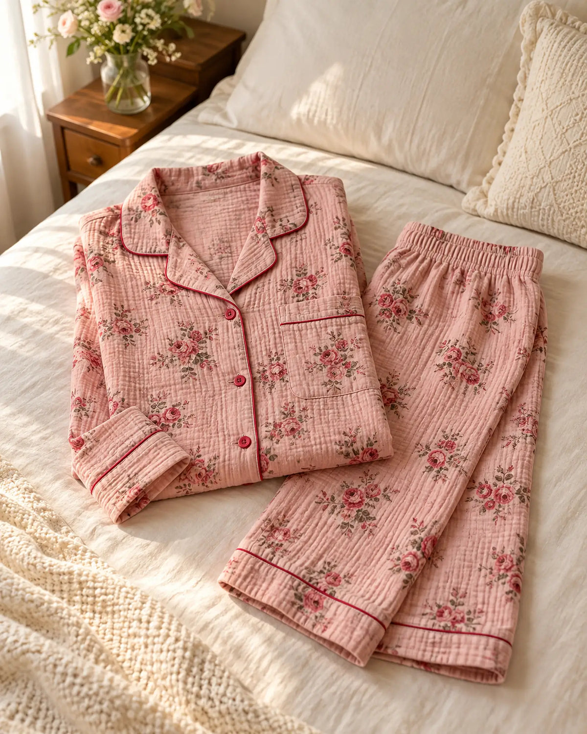 The Cherish Company — Four-Print Piped Muslin Pajamas in Pink Flora