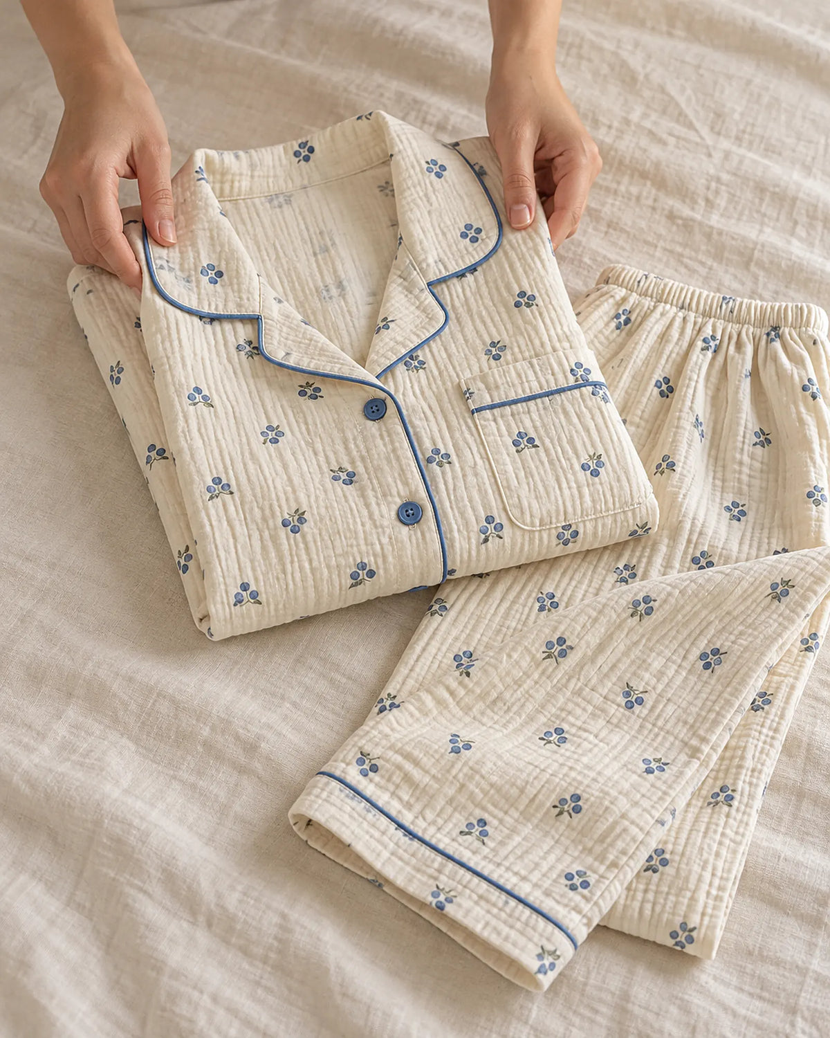 The Cherish Company — Four-Print Piped Muslin Pajamas in Blueberry