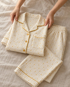 The Cherish Company — Four-Print Piped Muslin Pajamas in Yellow Dot