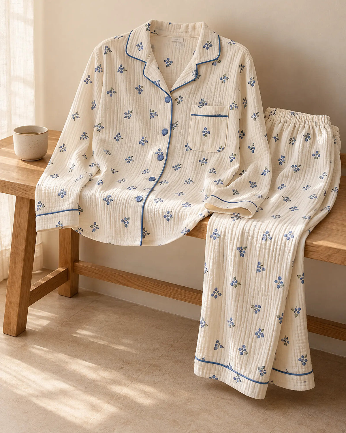 The Cherish Company — Four-Print Piped Muslin Pajamas in Blueberry
