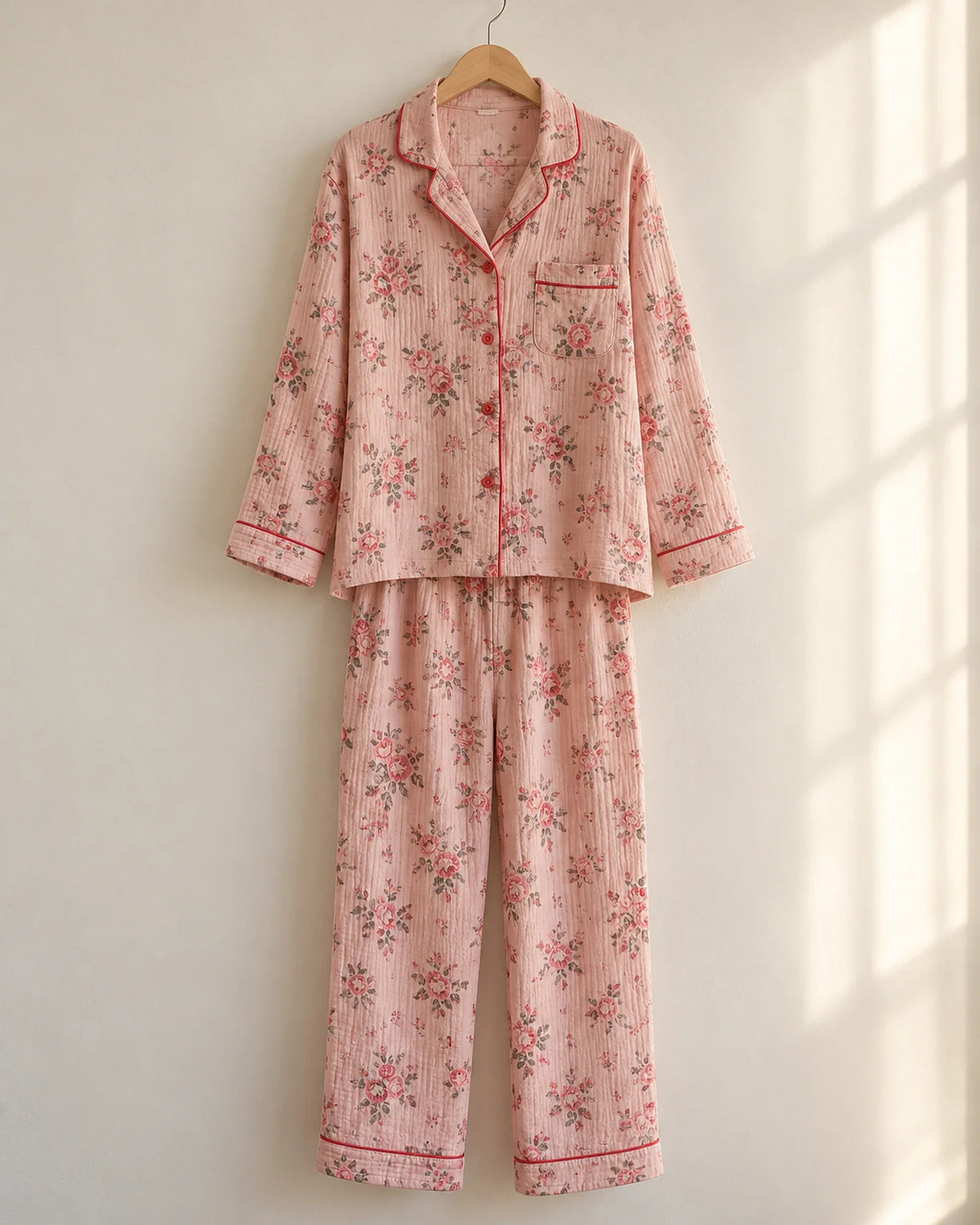 The Cherish Company — Four-Print Piped Muslin Pajamas in Pink Flora