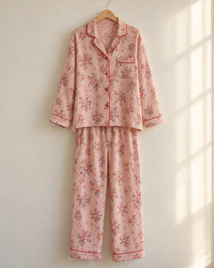 The Cherish Company — Four-Print Piped Muslin Pajamas in Pink Flora